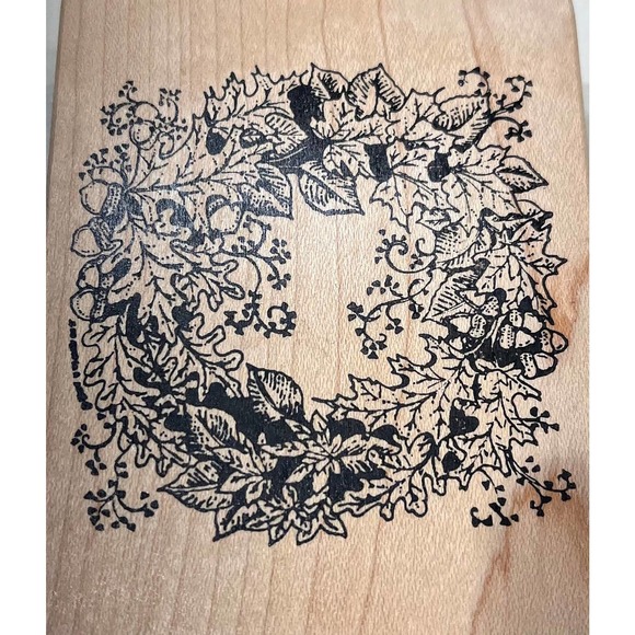 Wood Red Rubber Stamp Block Floral Wreath Stampers Gift Seasonal Holiday Cards - Picture 6 of 6